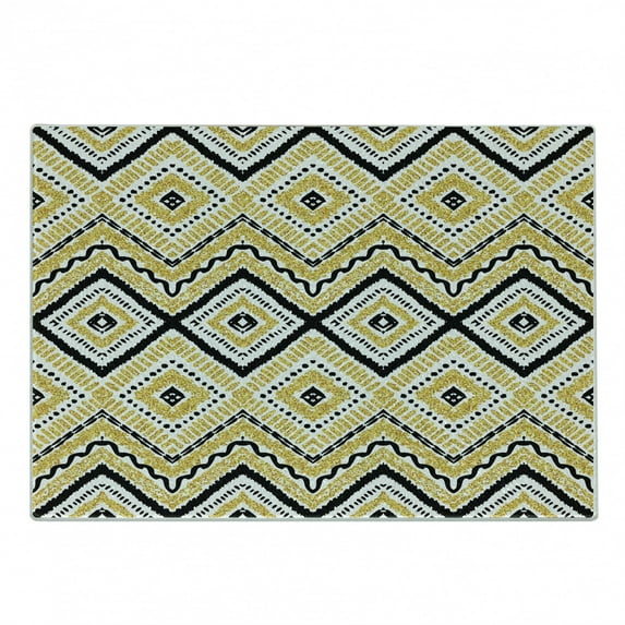 Ethnic Cutting Board, Native Motif with Rhombus Pattern Dots and Chevron Waves Print, Decorative Tempered Glass Cutting and Serving Board, Small Size, Yellow Black and White, by Ambesonne