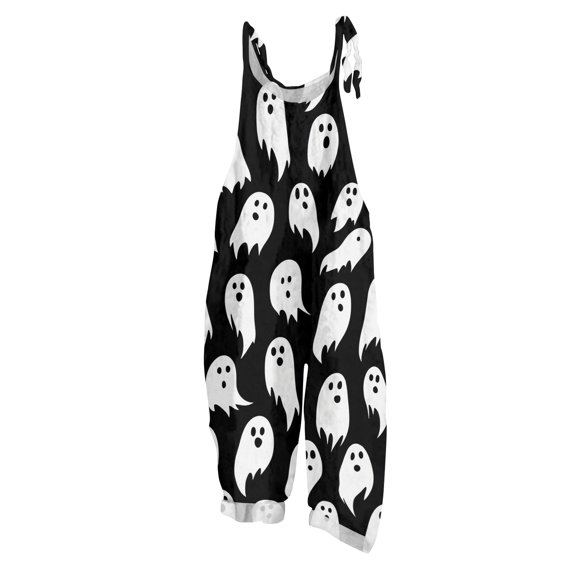 LNZGNM Women's Halloween Jumpsuit Pumpkin Ghost Witch Print Sleeveless Bib Overalls Jumpsuit Vintage Casual Outfit, Great for Halloween Parties,White(L)