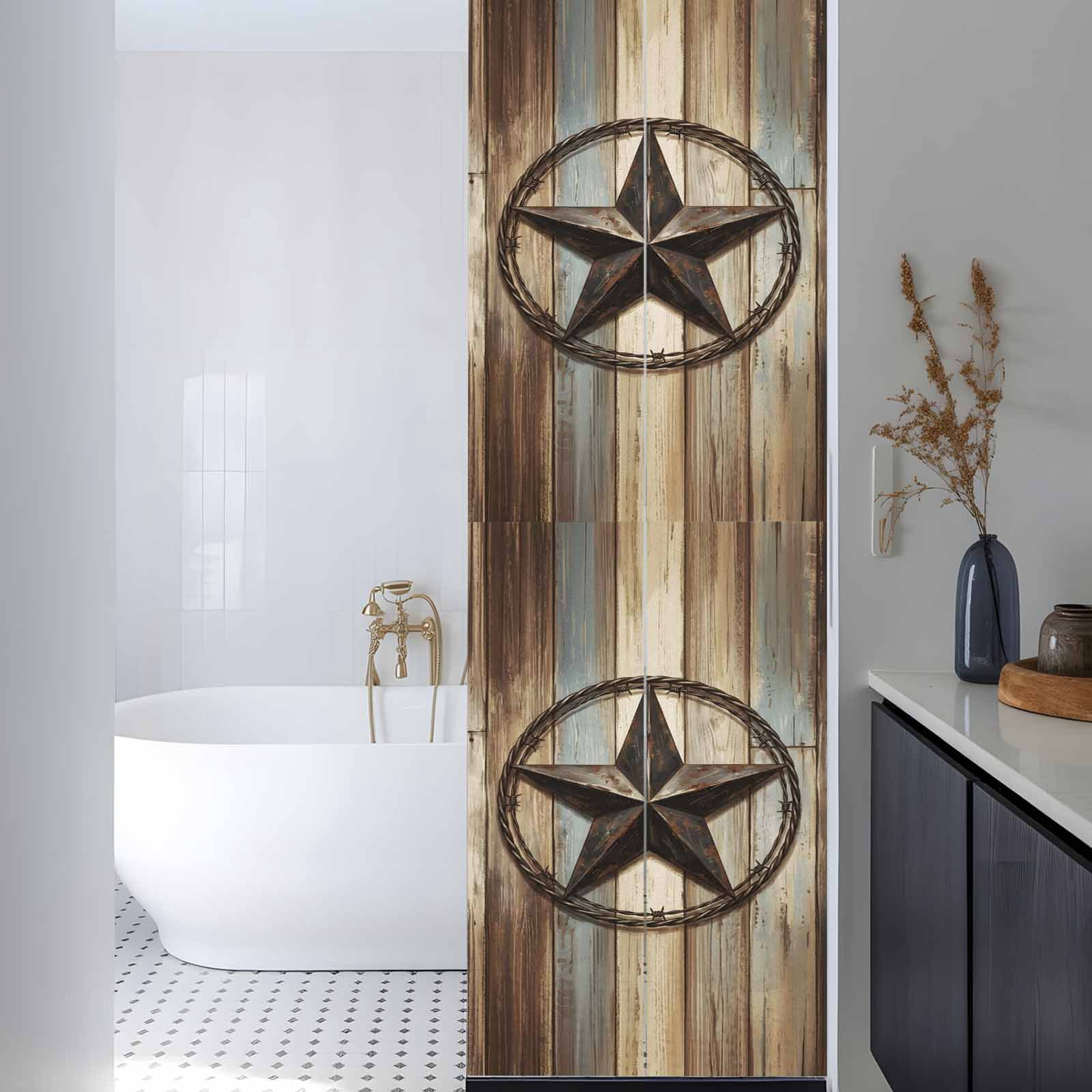 Country Star Window Privacy Film, Farmhouse Star Brown Beige Wood Grain Frosted Glass Window Clings Static Cling UV Heat Blocking Reusable Door Sticker for Bathroom 29.5 x 118 Inch