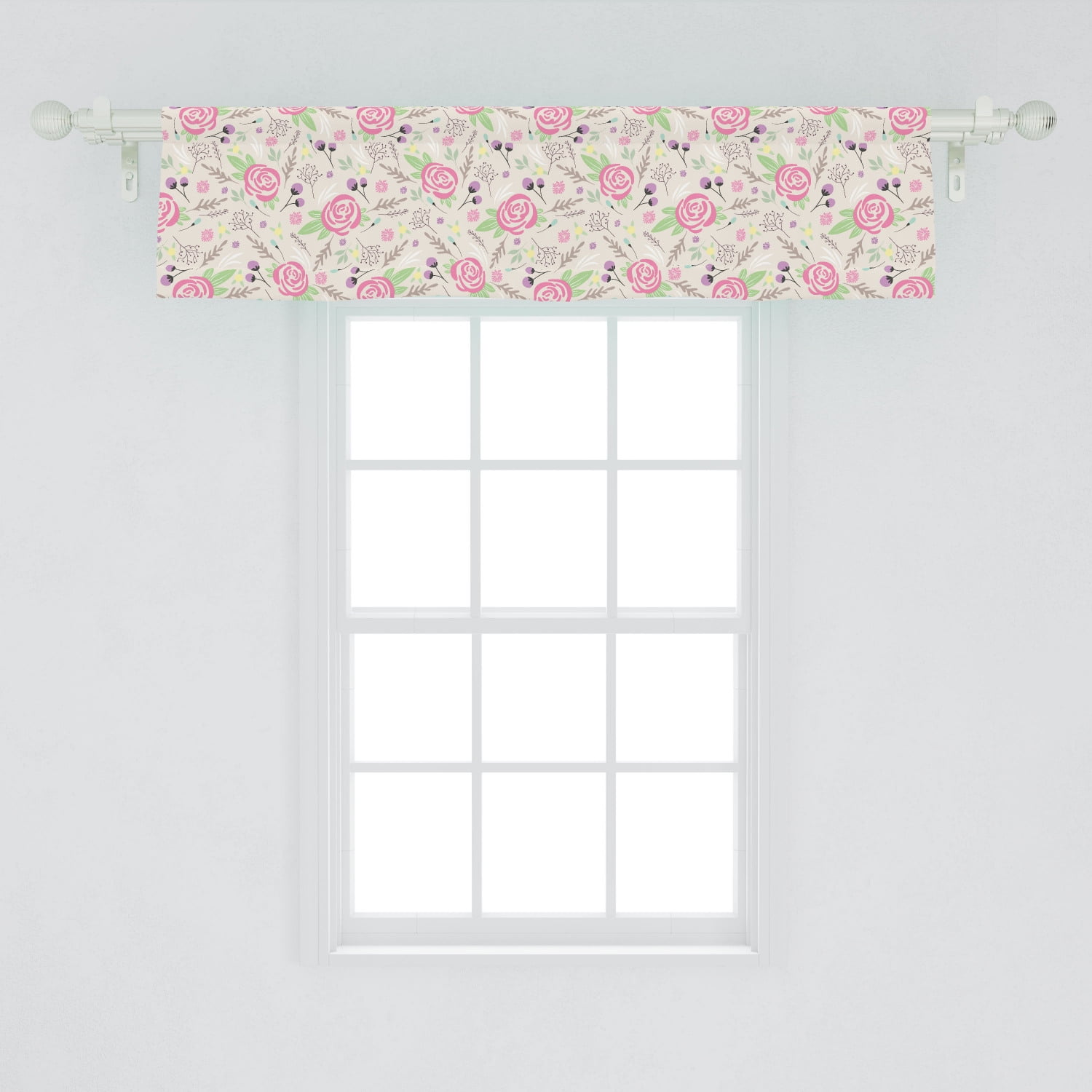Floral Window Valance, Silhouette Petals and Buds of Rose Flowers in
