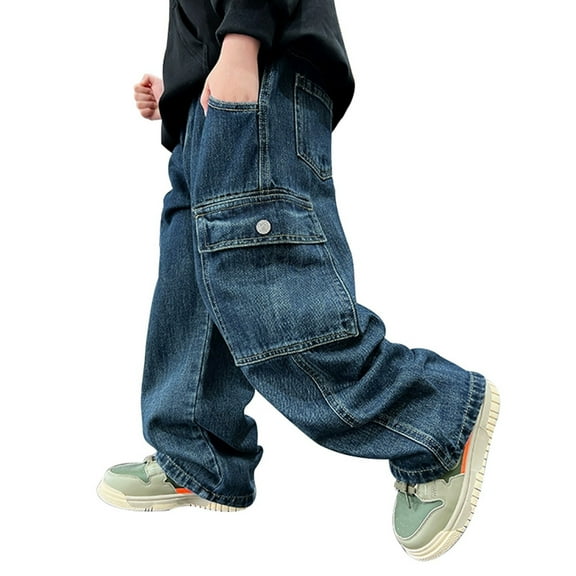 WOYY Boys Baggy Cargo Jeans Elastic Waist Wide Leg Denim Pants, Sizes 5-6