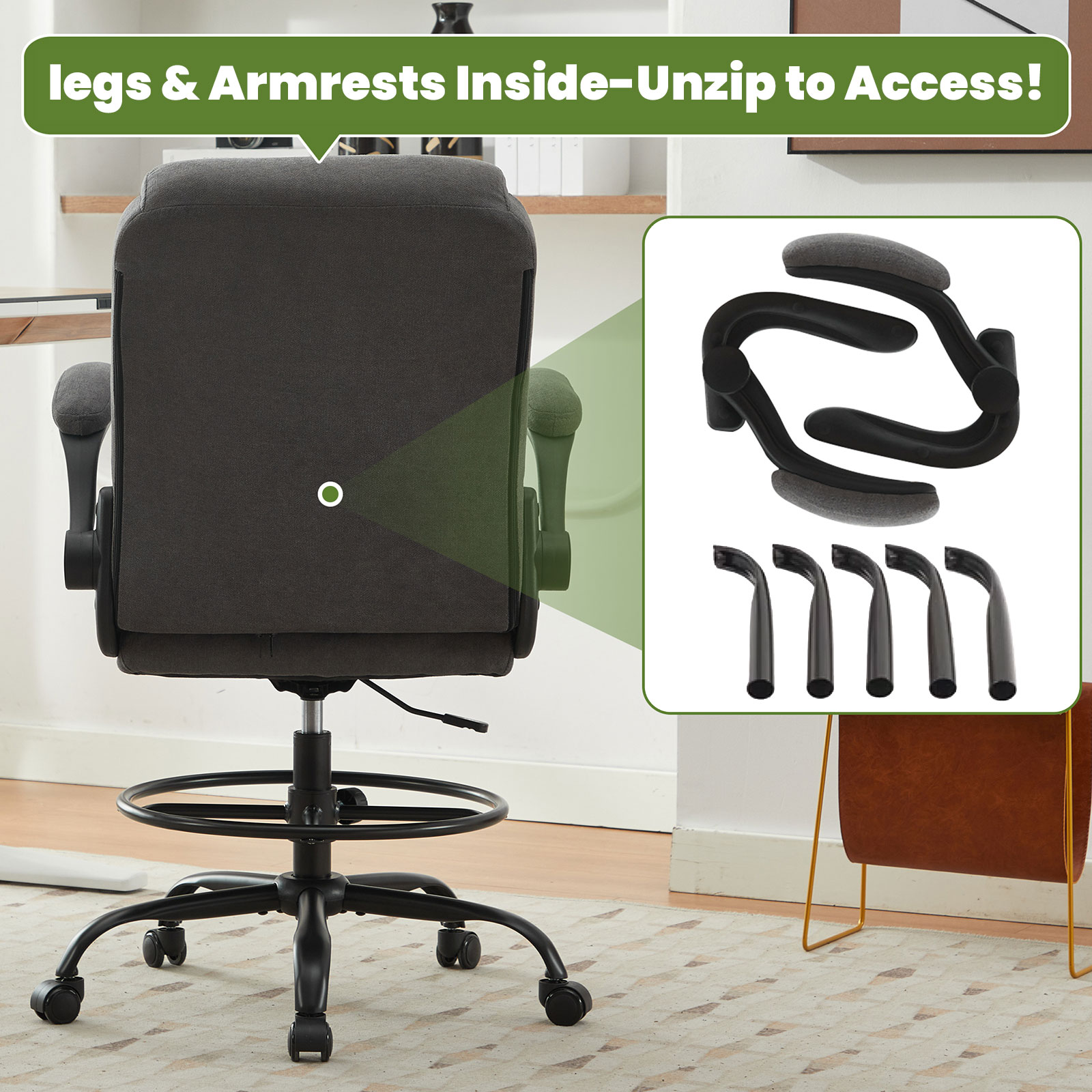 JONPONY Tall Office Chair for Standing Desk, Ergonomic High Office Chair with Adjustable Foot Ring, Flip-Up Armrests, Lumbar Support for Home office ,Dark Gray