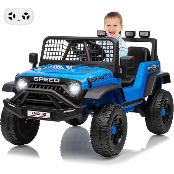 12V Ride-On Truck Car with Parent Remote Control, 3 Speeds Up to 5 MPH, Spring Suspension, LED Lights, Bluetooth/USB/AUX/MP3/FM Music, 66 lb Capacity, Ages 1–8,Blue