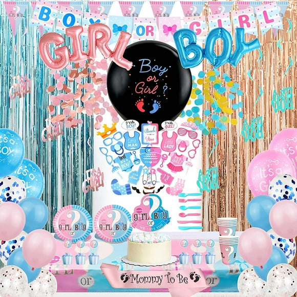 204PCS Baby Gender Reveal Party Supplies Gender Reveal Balloons Boy or Girl Banner, Mommy To Be Sash Baby Gender Reveal DecorationsDecorations Balloons Tablecloth Pennant Cutlery Set & Cupcake Topper