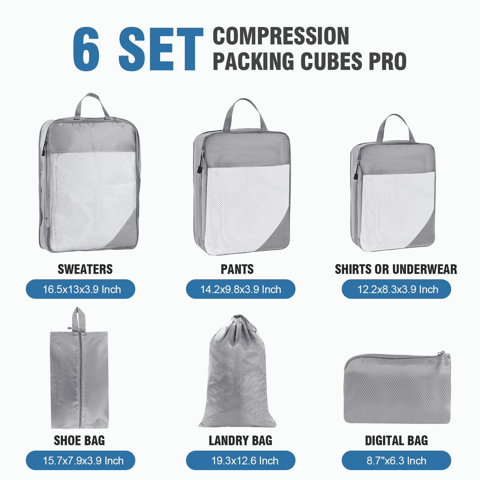 Okaka  Compression Packing Cubes Set, Grey, 6-Piece