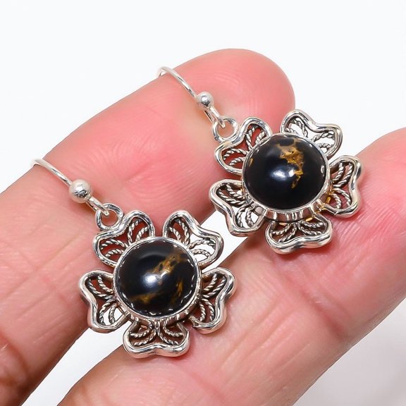 Copper Black Turquoise 925 Sterling Silver Jewelry Flower Earring 1.30" (4)