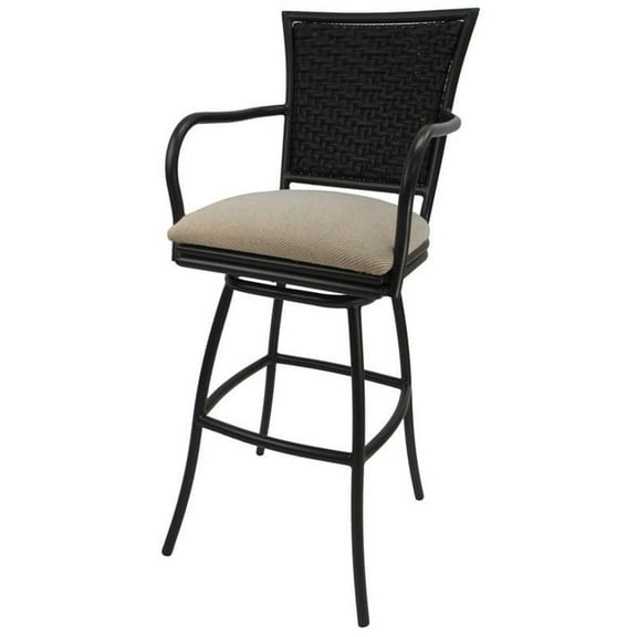 Tobias Designs 30" Upholstered Swivel Rattan & Aluminum Bar Stool in Tan/Gray
