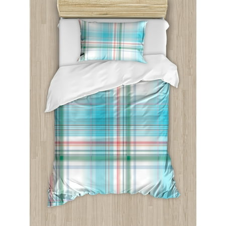 Checkered Duvet Cover Set Pastel White Blue Checkered Pattern