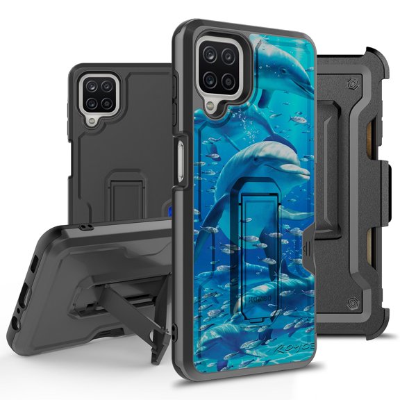 ANJ Rugged Hybrid Shockproof Case w/Kickstand Holster Clip Card Slot Cover for Samsung Galaxy A12 (2021 Release) - Dolphins