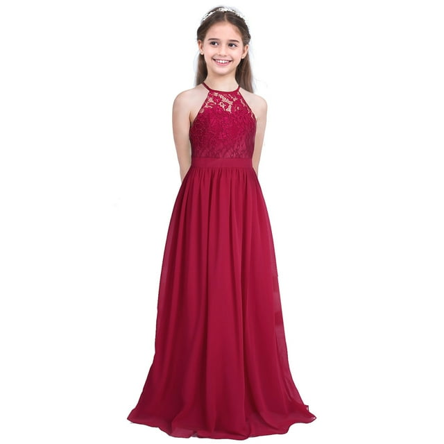 TiaoBug Robe Maxi Longue en Mousseline à Col Licou pour Filles Enfants, Fête, Junior, Mariage, Soirée, Bal, Bourgogne 10