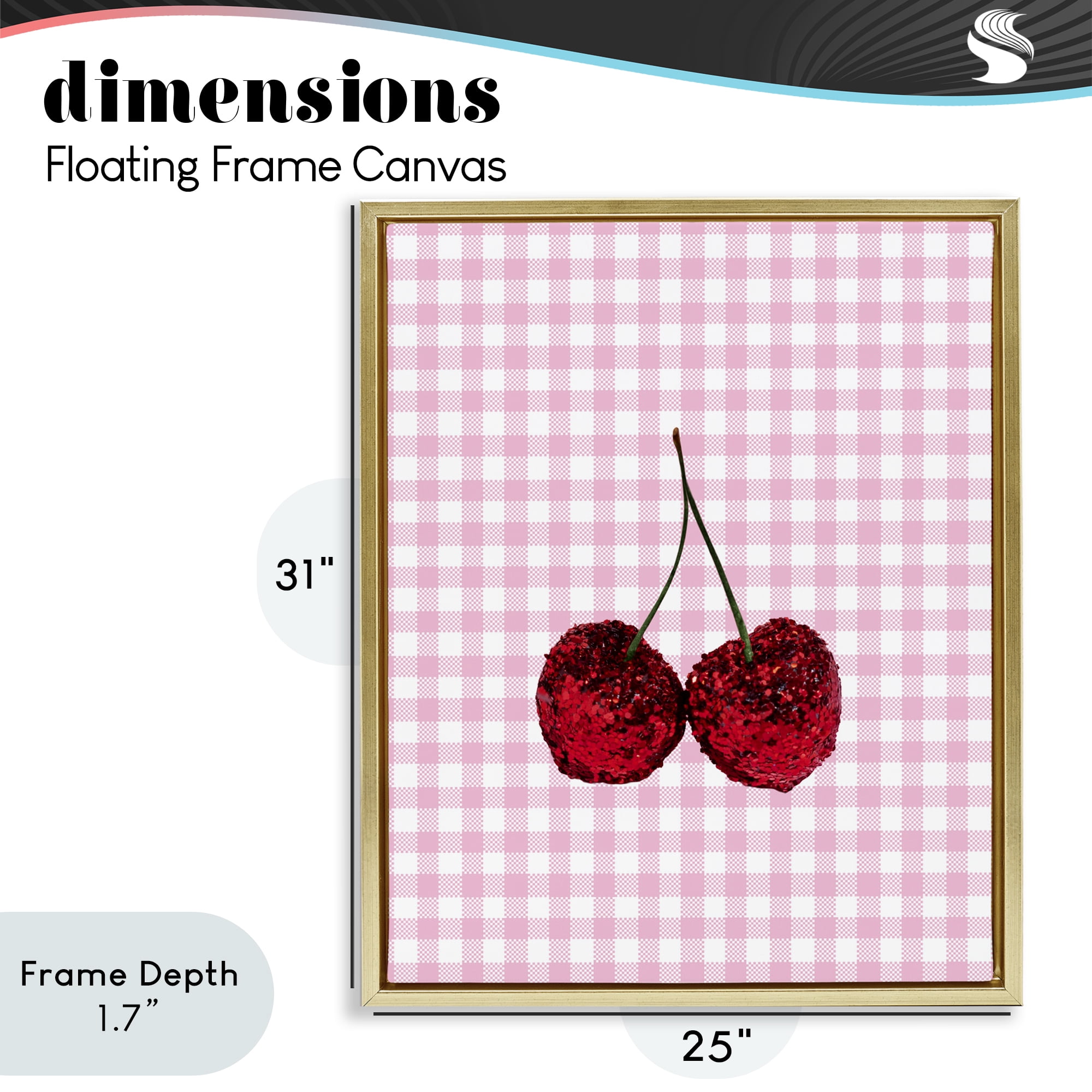 Stupell Industries Glitter Cherry on Pink Gingham Gold Framed Floater Canvas Wall Art, design by LISH Creative