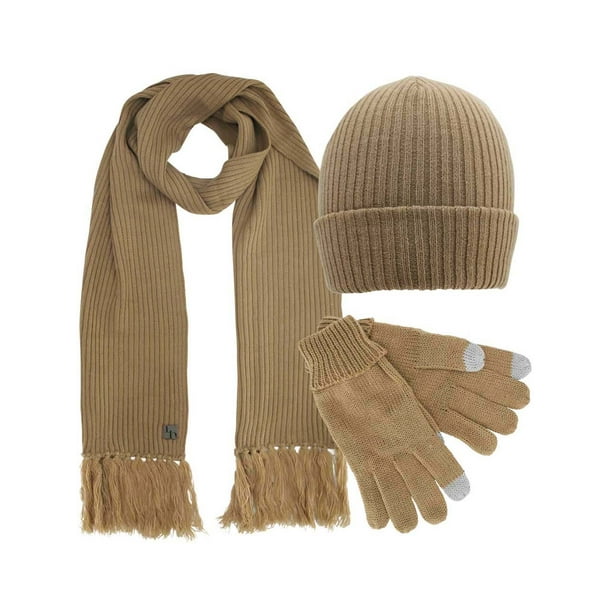 Luxury Divas Beige Ribbed Knit Men's 3 Piece Hat Scarf & Texting