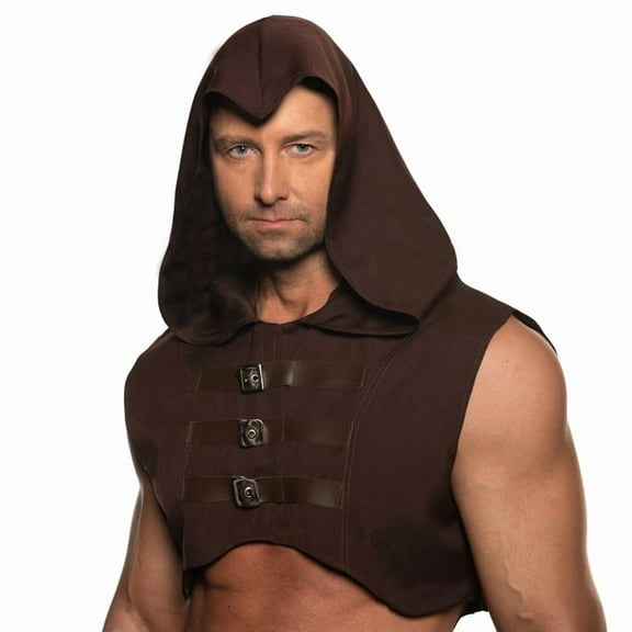 UNDERWRAPS Mens Brown Hooded Cowl - Renaissance Costume Accessories, Sleeveless Half Vest With Attached Buckles, Assassin Hood, Cosplay Hood
