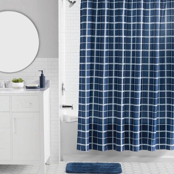 Mainstays 16-Piece Navy Blue Check Shower Curtain Bathroom Set – Fabric Curtain with Rug, Hooks, Soap Dispenser & Tray