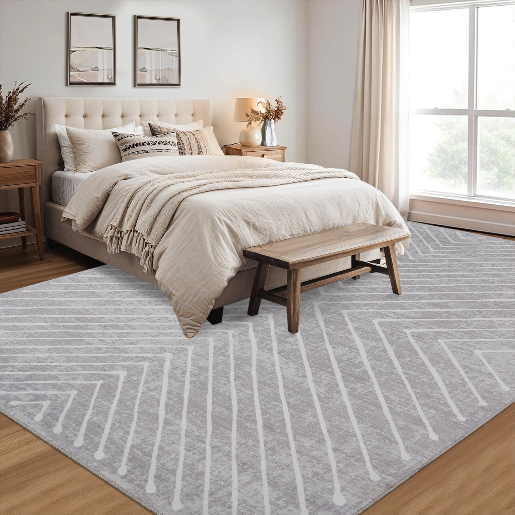 FairOnly 8'x10'Modern Area Rug with Symmetrical Fine Lines Machine Washable Low Pile Non-Slip Geometric Rugs for Living Room Bedroom，Light Grey