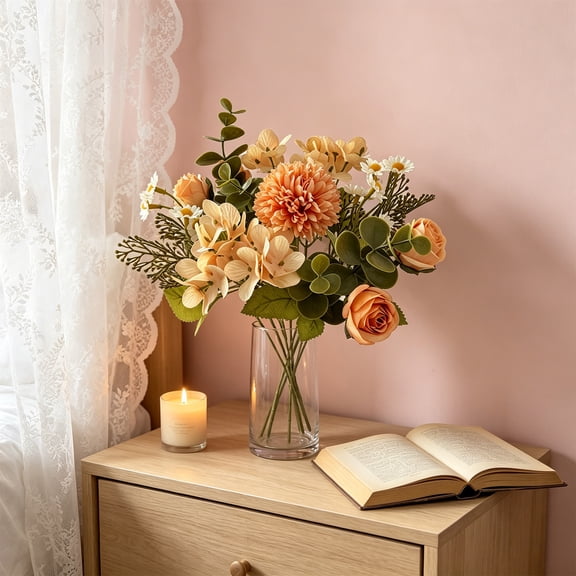 Eolstice Artificial Flower Bouquet, 6 Styles Mixed, Fake Rose Floral Arrangement, Pastel Silk Centerpiece, For Bedroom Table Wedding Home Decor