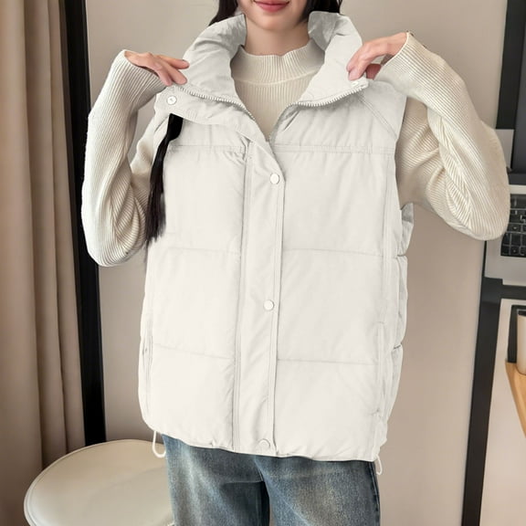 Fanxing Women's Sleeveless Cropped Puffer Vest Zip Up Stand Collar Button Down Winter Jackets Outwear Gilet with Pockets White L