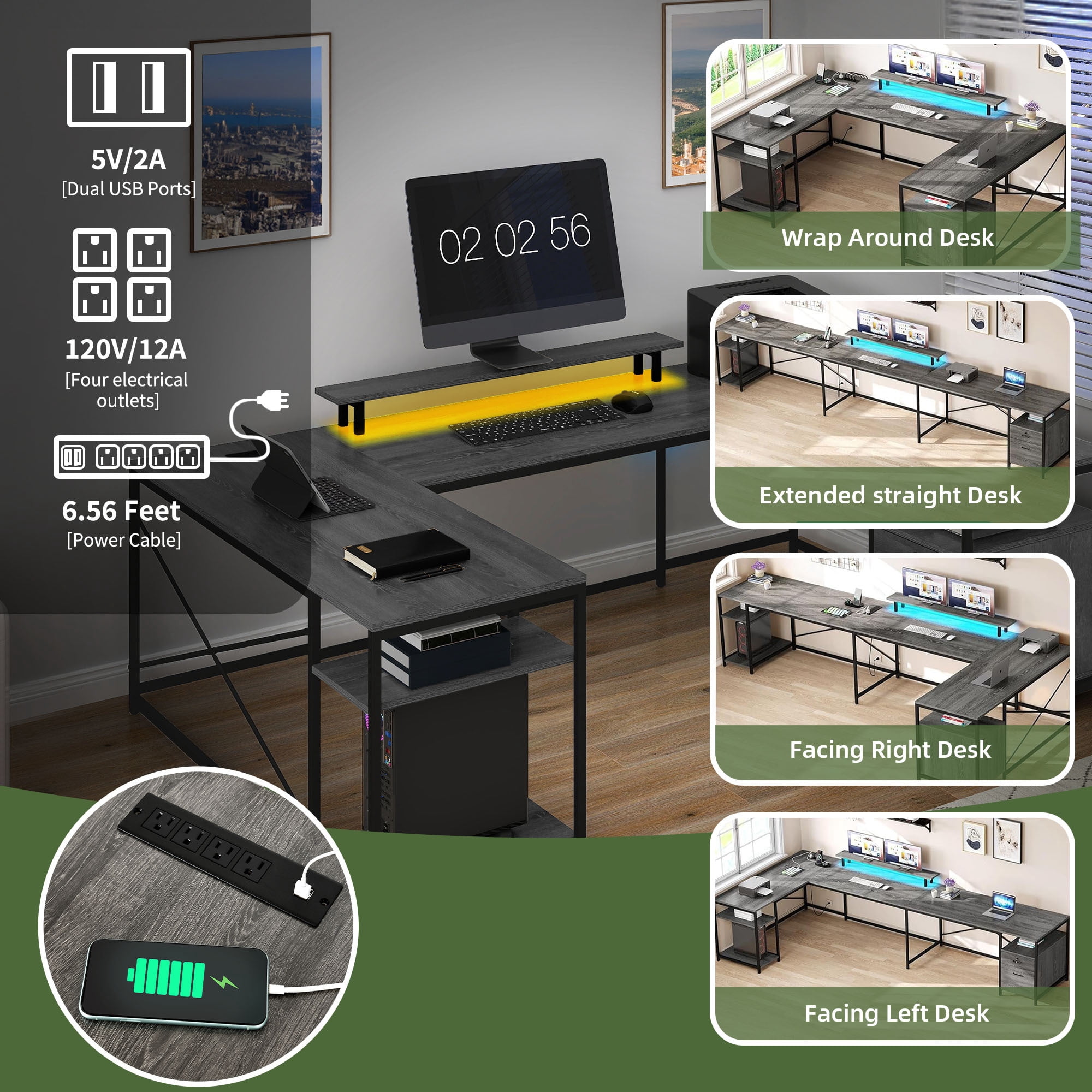 Uforic U Shaped Computer Desk with Power Outlets and LED Lights, Reversible L Shape Desk for Home Office, Gray
