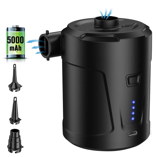 Bomba de aire eléctrica 5000mAh Batería incorporada Quick-Fill con 3 boquillas Negro