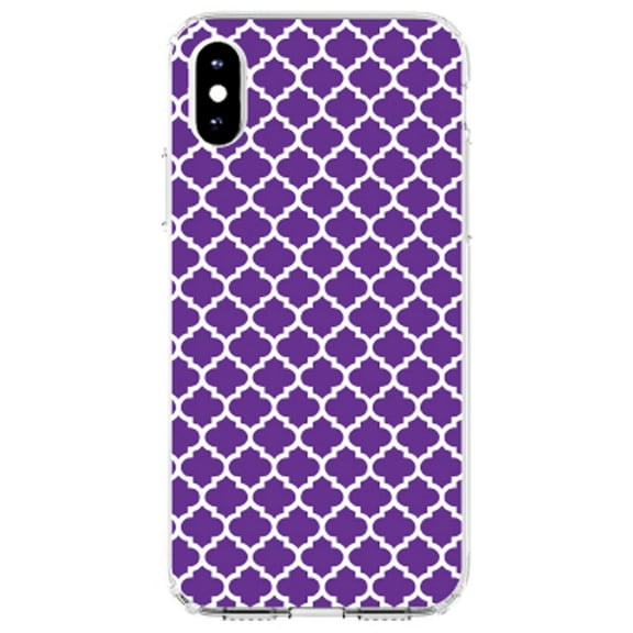 DistinctInk Clear Shockproof Hybrid Case for iPhone X / XS (5.8" Screen) - TPU Bumper, Acrylic Back, Tempered Glass Screen Protector - Purple White Moroccan Lattice