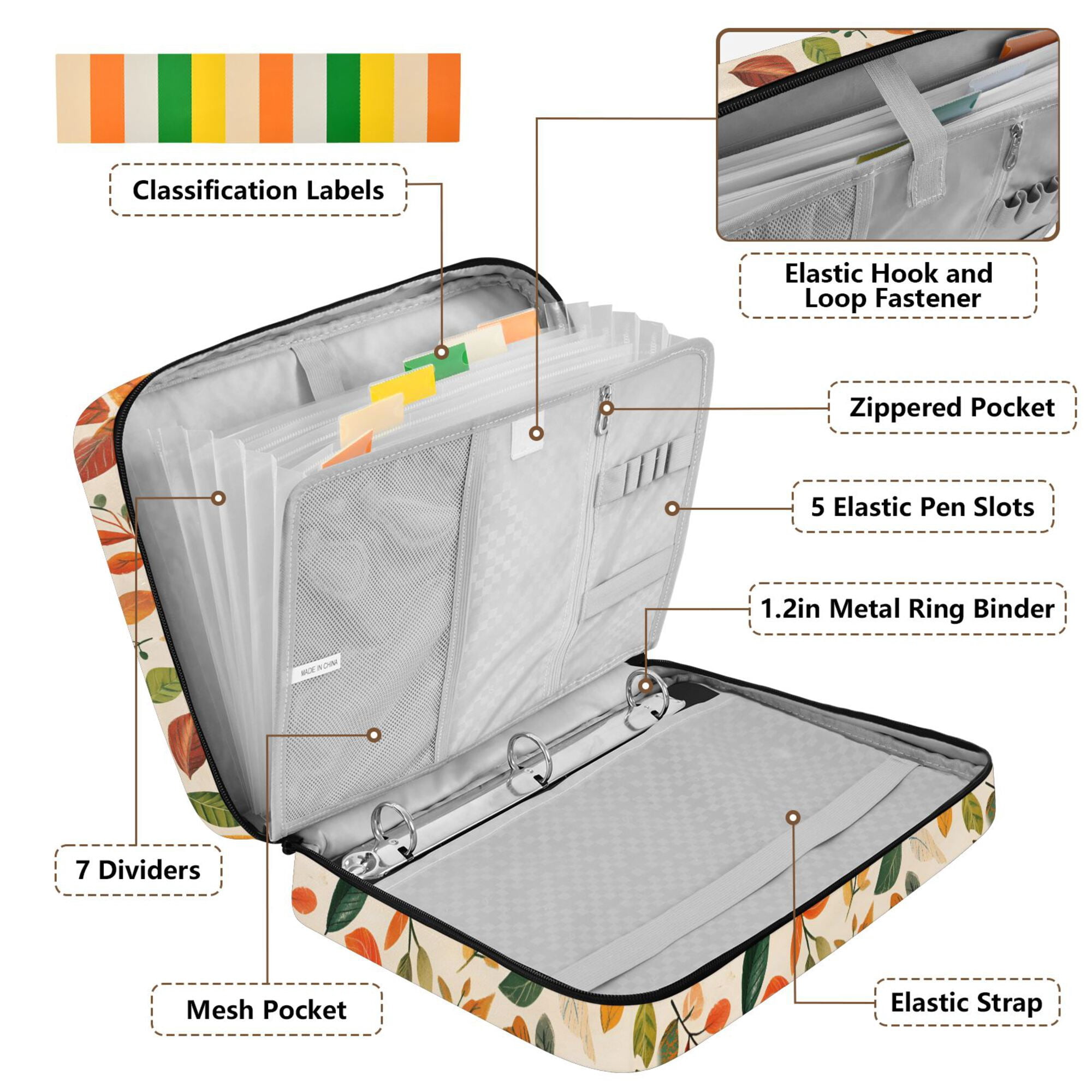 FORMRS Accordion File Folder A4 Size 7-Pocket Expanding Document Organizer Bag with 3 Ring Binder, Beige Retro Leaves