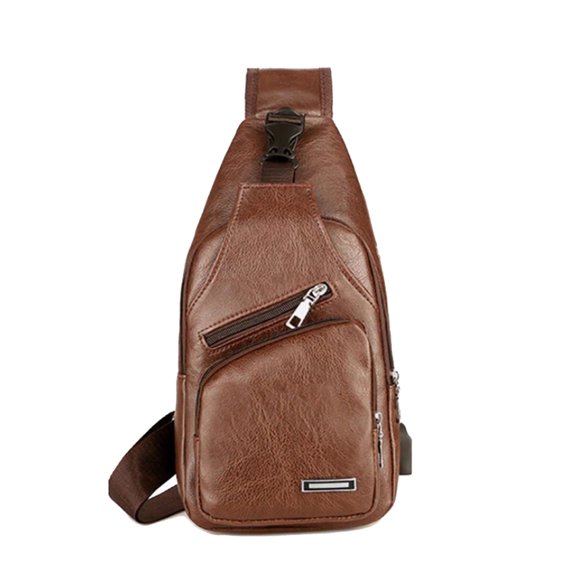 Mens Crossbody Bag with USB Charging Plug & Interface, Versatile Sling Bag, Split Leather, Light Brown