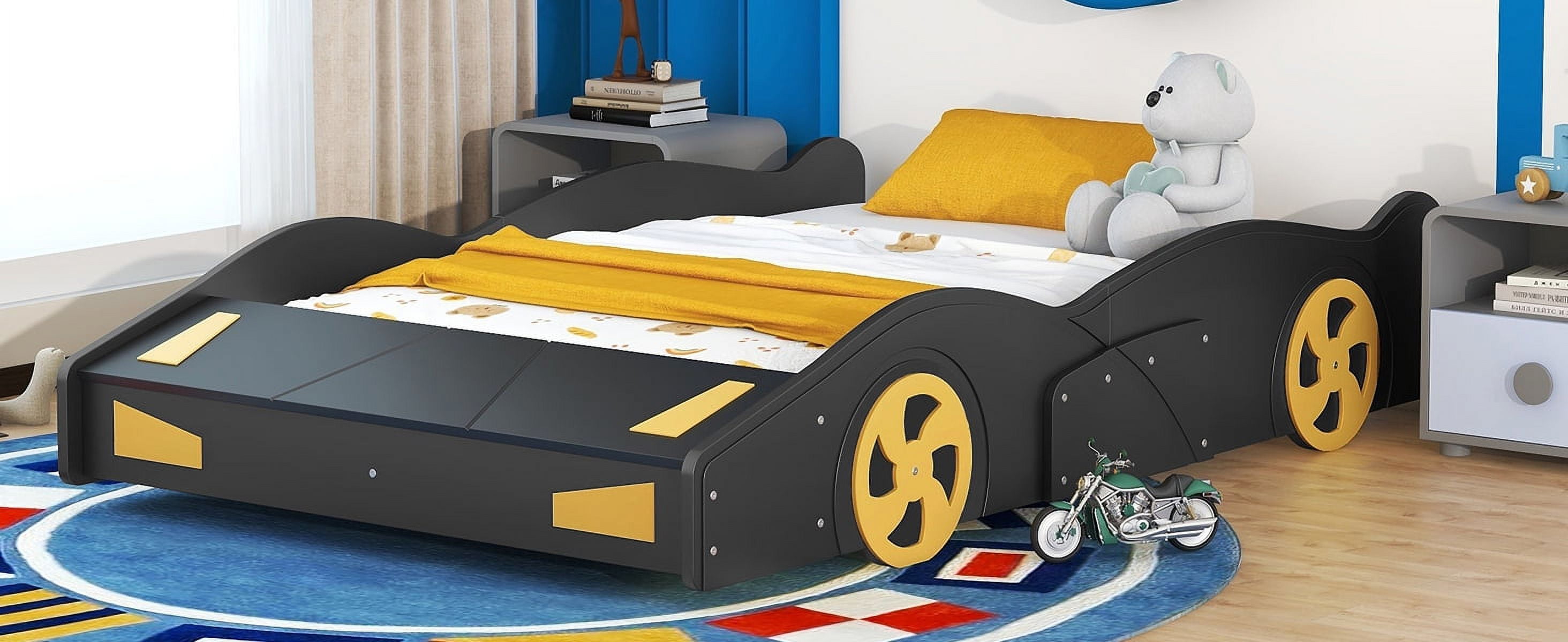 Full Size Platform Bed with Wheels and Storage, Black+Yellow