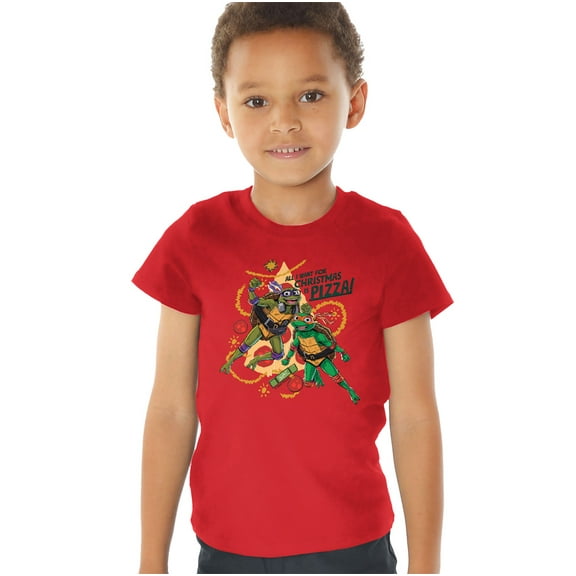 TMNT: Mutant Mayhem Christmas Pizza Michelangelo Donatello Kids T Shirt (4) for Toddler Boys and Girls, Red