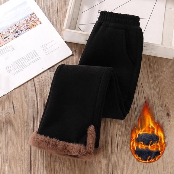 ATOGUTA Girls Flared Jeggings Fleece Corduroy Pant Fall Winter Bell Bottoms Trousers with Pockets Size 5T-15, Black