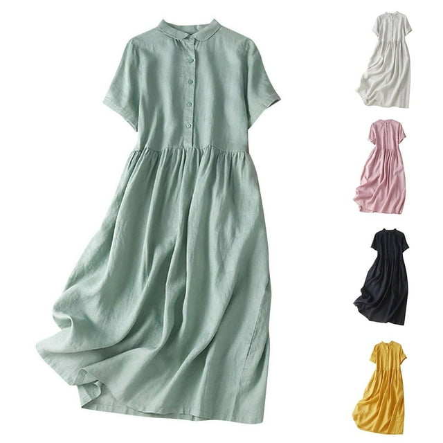 Meichang Robes T-Shirt en Coton et Lin Femmes Été Manches Courtes Col Demi-Boutonnage Robe Midi Ligne A Superposée Fluide Robes de Plage