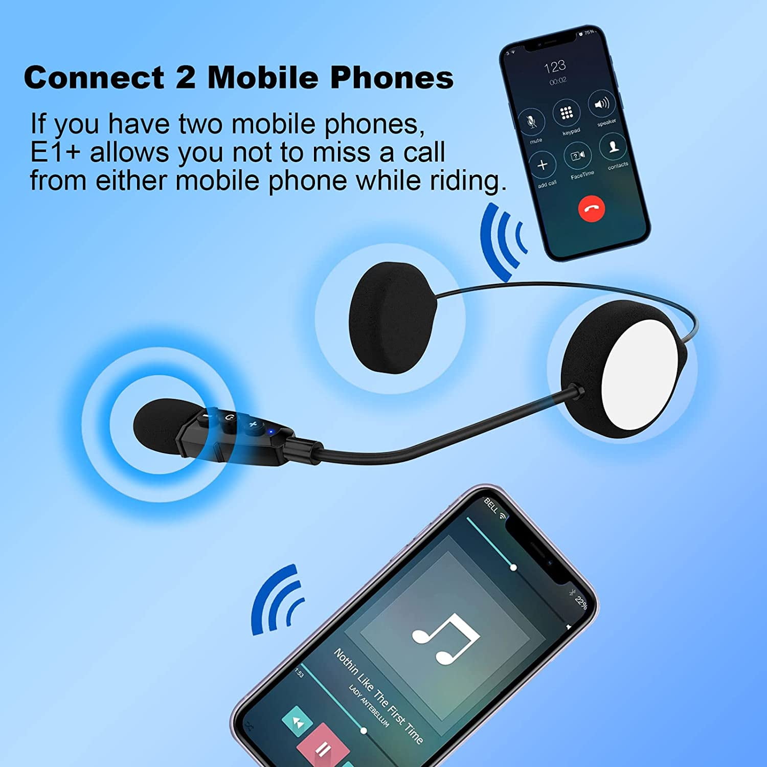 EJEAS E1+ Motorcycle Helmet Bluetooth Headset, Bluetooth 5.1 Helmet Speaker with Auto Answering Call and Noise Reduction Function, Motorcycle Helmet Headphone Can Connect 2 Mobile Phones