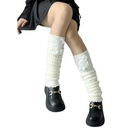 

Sorrowso Casual Ribbed Knitted Leg Warmers Women Harajuku Cute Pompom Bowknot Lettuce Ruffled Hem Foot Cover Boot Cuffs Stockings