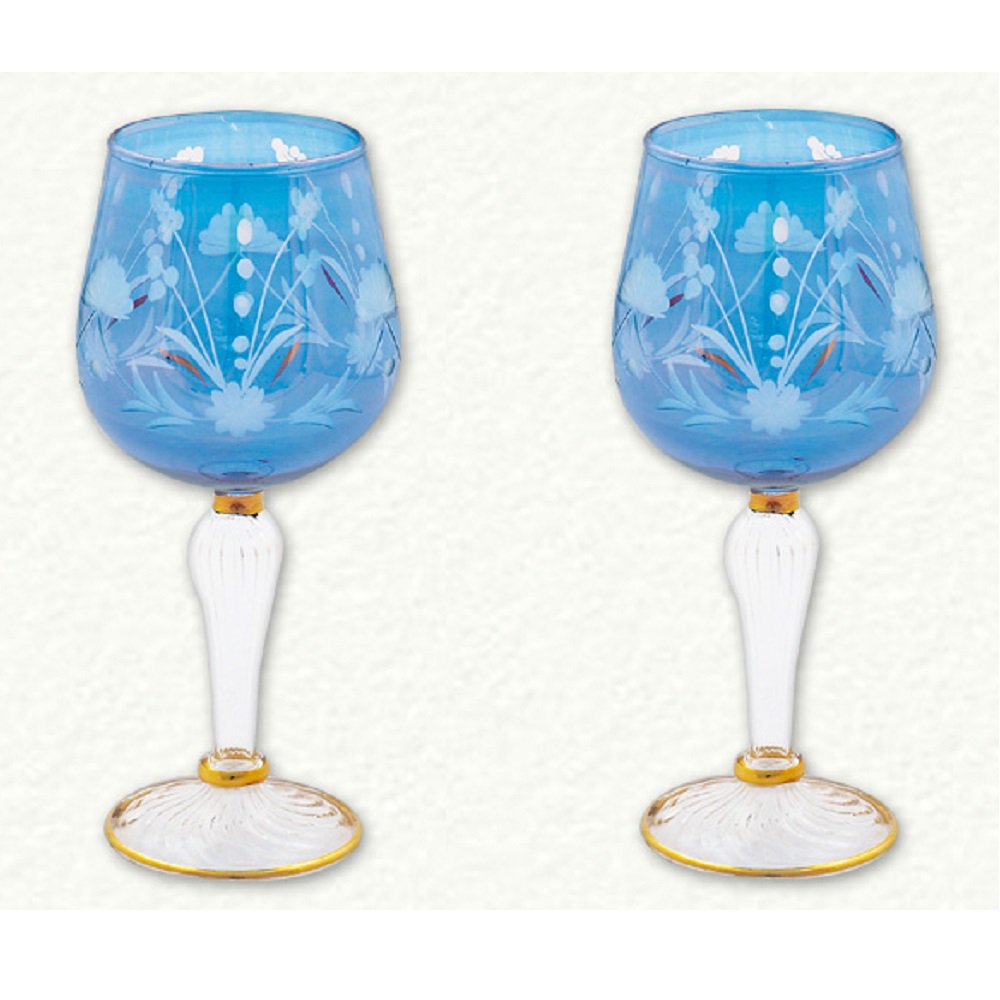 Blue and Gold Floral Etched Egyptian Glass Wine Glasses Set of 2 Made