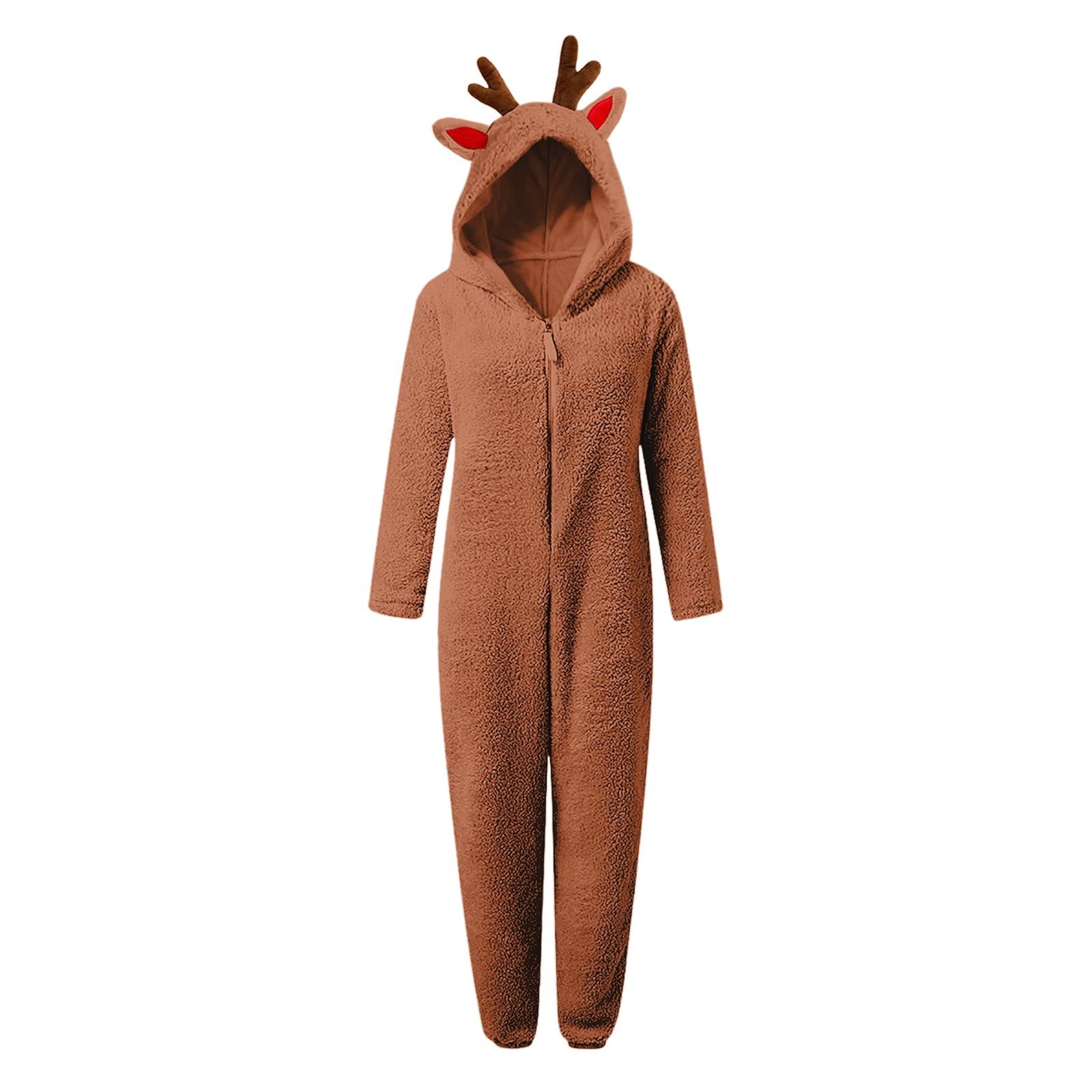 Ruyang Christmas Deer Ears Fleece Jumpsuit for Girls Winter Warm Fuzzy Hooded Onesie Zip Thermal Furry Bodysuit