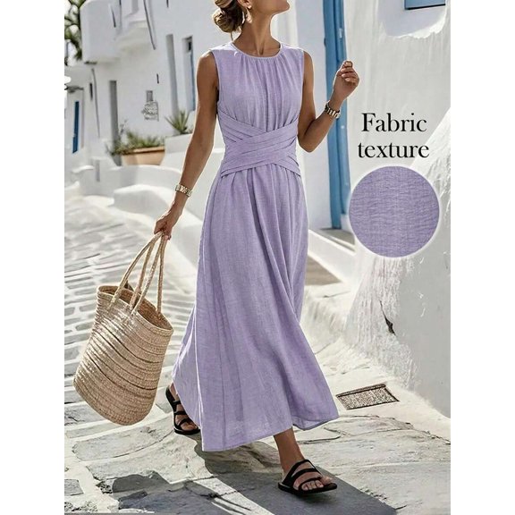 Womens Purple Sleeveless Maxi Dress, Criss-Cross Waist Summer Vacation