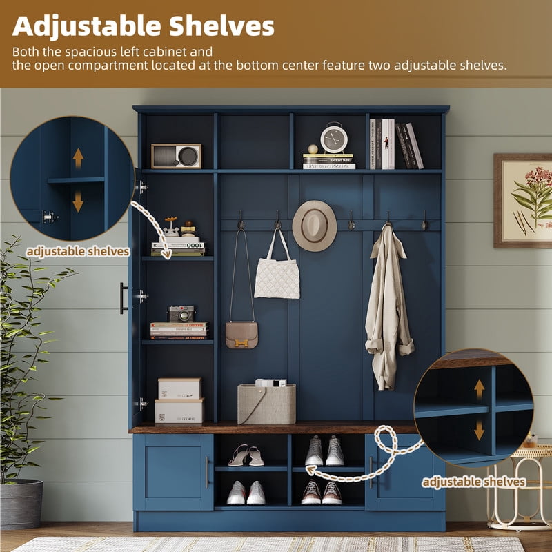 Farmhouse 3-in-1 Hall Tree with 6 Hooks, Entryway Coat Rack with Adjustable Shelves, Versatile Shoe Storage Bench with Open Cubbies