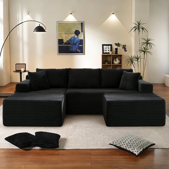 Muumblus Modular Sectional Sofa, Oversized U-Shape Cloud Couch, Modern Corduroy Sleeper Couches for Living Room, No Assembly Required, Black (Left Facing Chaise)
