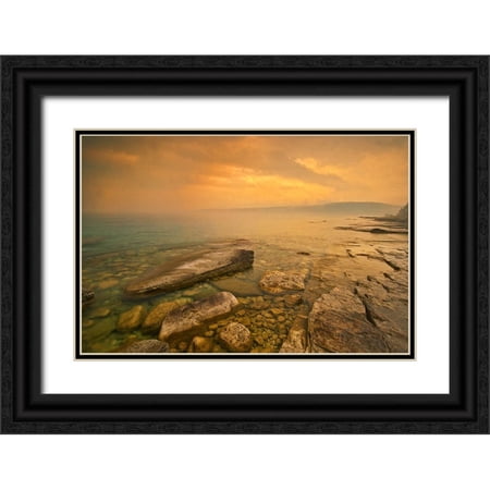 Jaynes Gallery 24x17 Black Ornate Wood Framed with Double Matting Museum Art Print Titled - Canada-Ontario-Morning fog on Georgian Bay Limestone Rock Barrow Bay Bruce Peninsula