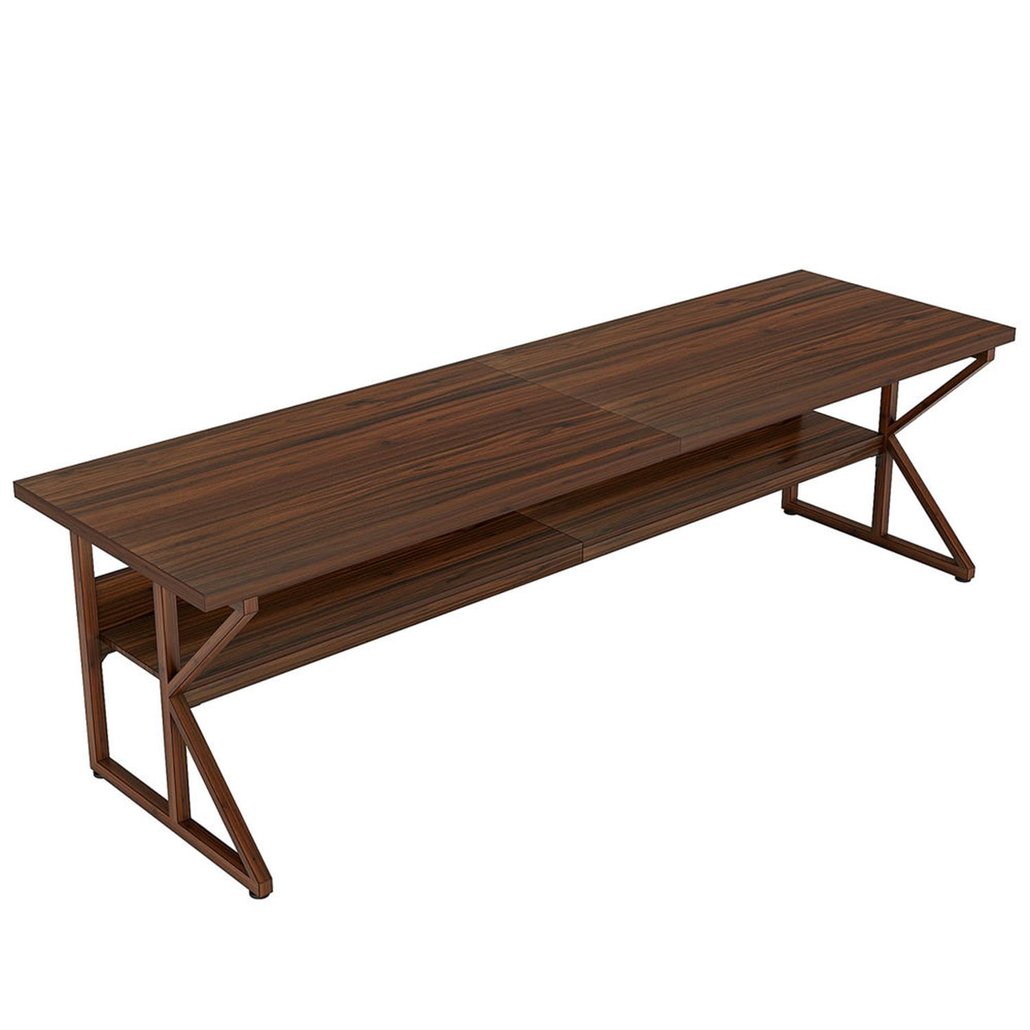 Demi Bonn 78"dustrial Two Computer Desk with Storage Shelf, Modern Double Study Writing Gaming Table for Home Office, Brown