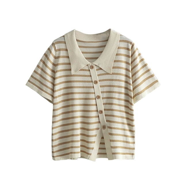 Timegard Shirts for Women Striped Knitted Button up Collared Tops Short Sleeve Casual Dress Blouses