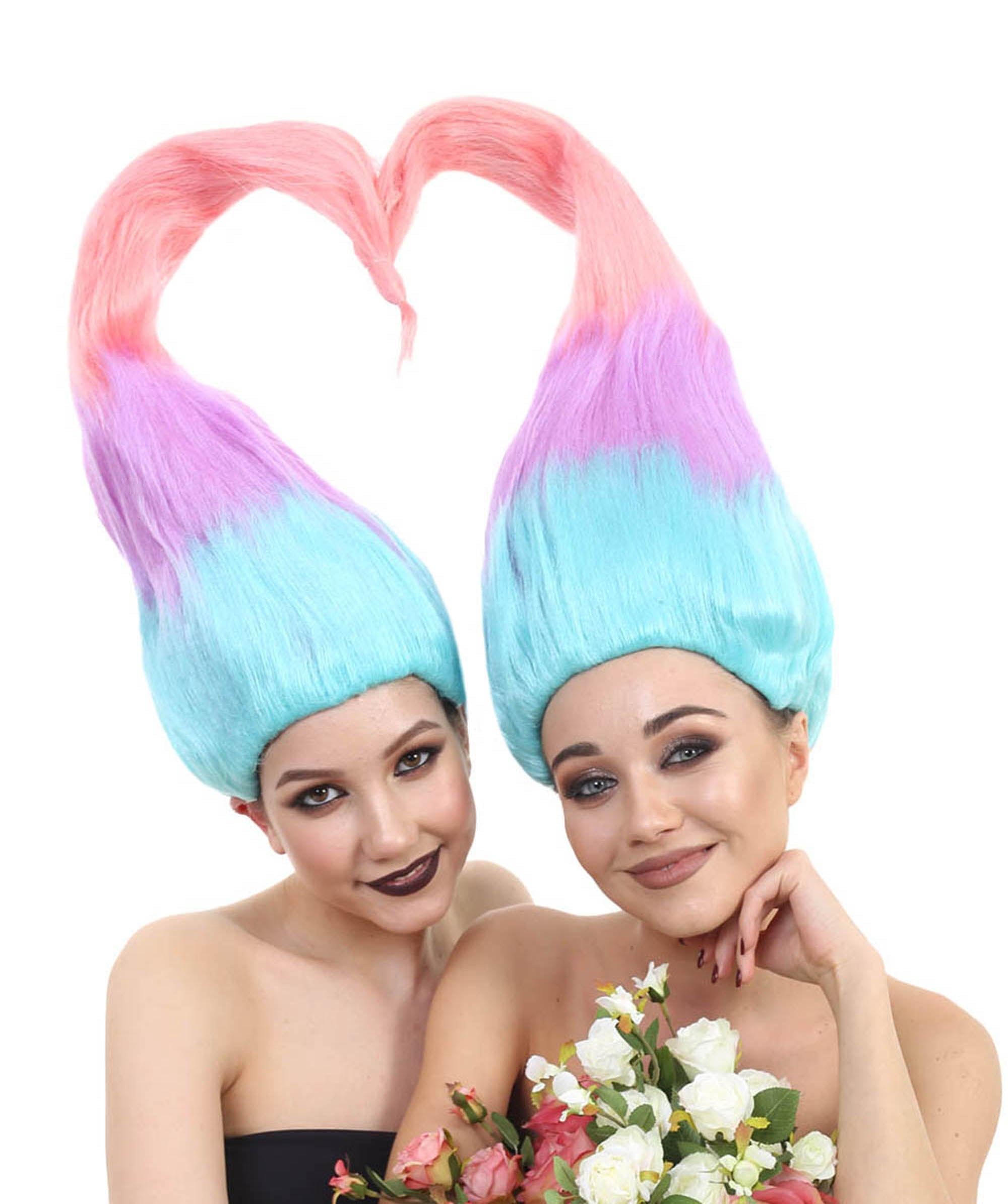 Women's Multicolor Twin Troll Wig for Adult, 60s Retro Rainbow Style Halloween Cosplay Costume