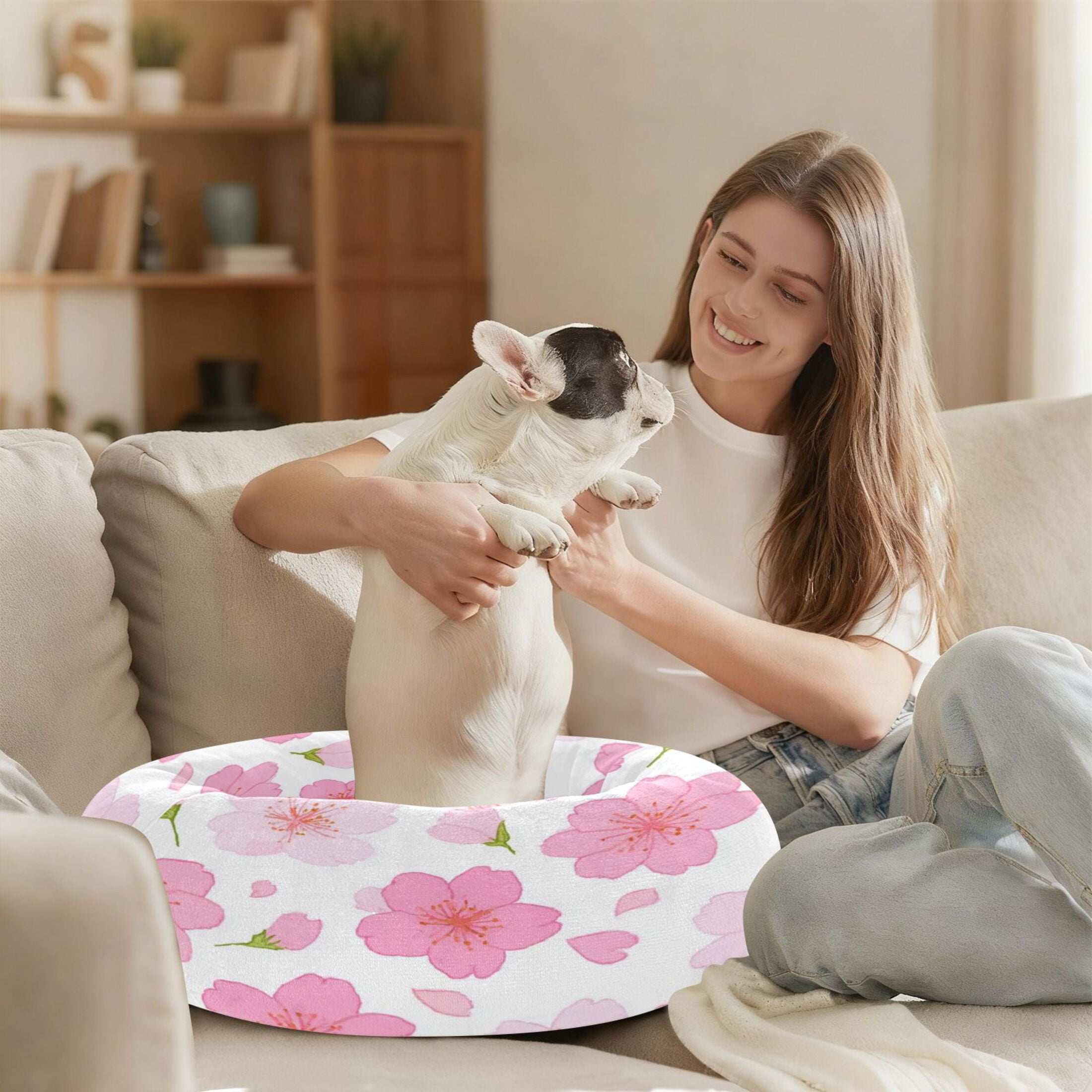 Iauyy Pet Couch Donut Cat Bed for Indoor Cats/Small Dogs Washable & Machine with Non-slip Bottom Calming Cat Furniture, Cherry Blossom Petals (M)