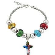 Silvertone Glass Dangle Cross Charm and Glass Beads Bracelet with Extender, 7.5"