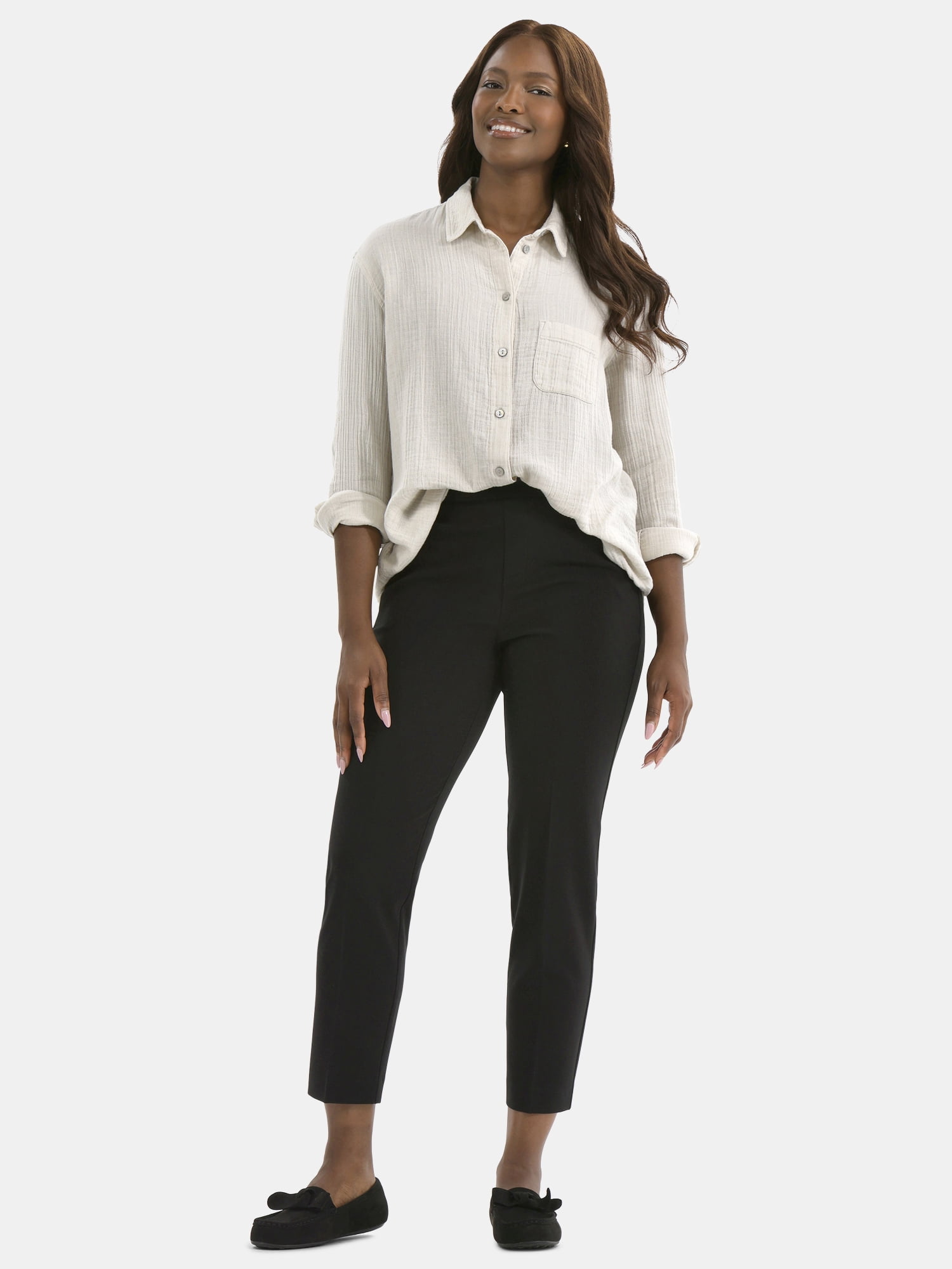 Time and Tru Women's Double Cloth Cotton Shirt with Long Sleeves, Sizes XS-XXXL