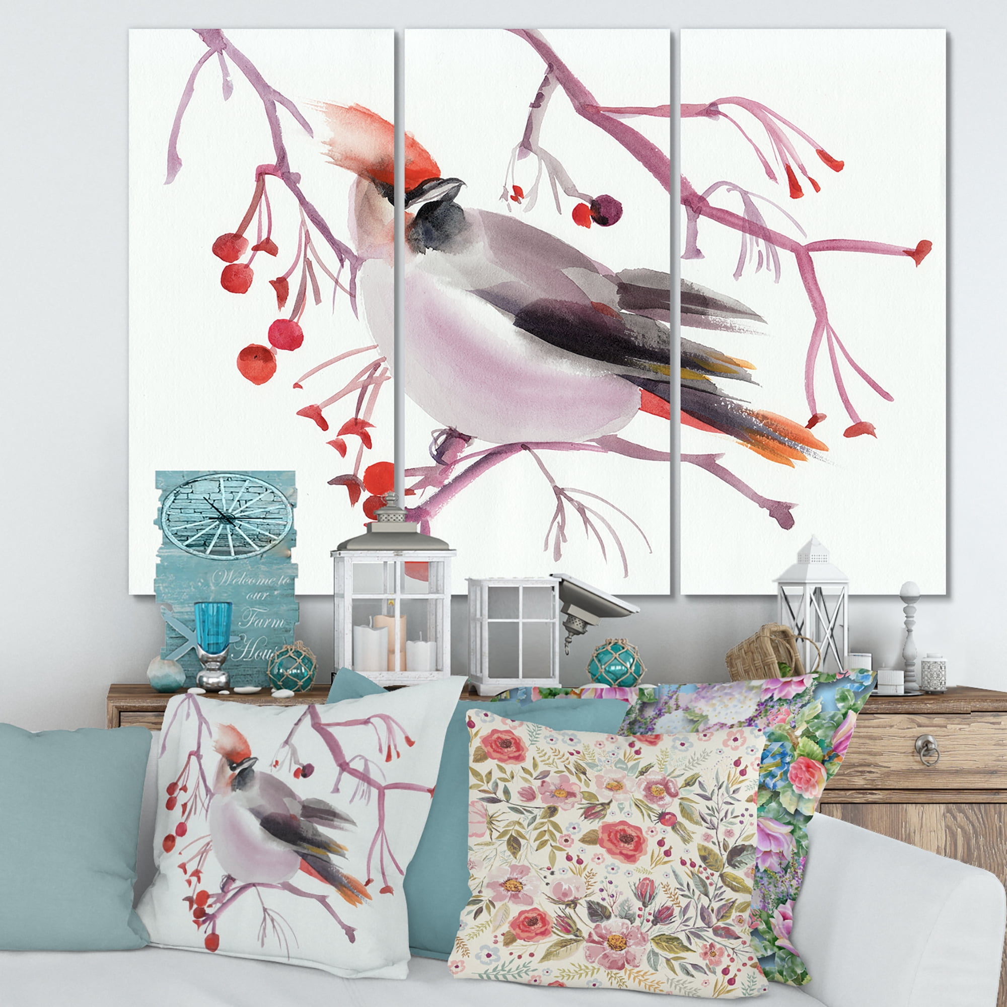 Designart ' Waxwing Bird Sitting On A Branch ' Traditional Canvas Wall Art Print