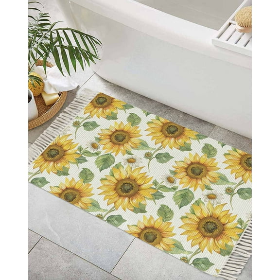 Sunflower Bath Rug 2x3ft Woven Bathroom Entryway Runner Rug,Farmhouse Watercolor Botanical Summer Washable Living Room Hallway Bedroom Kitchen Carpet with Tassels,Indoor Outdoor Throw Doormat