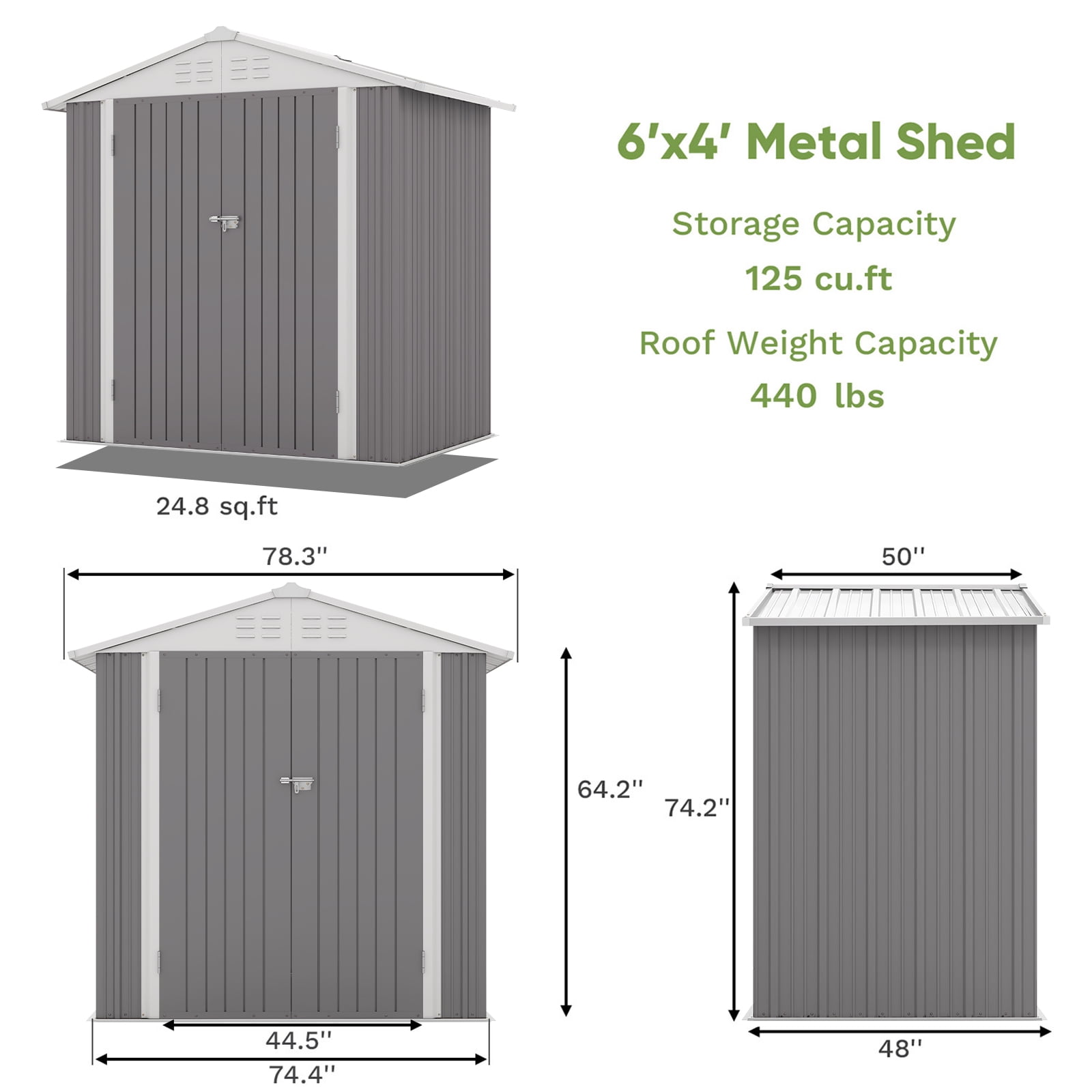 Patiowell 6 x 4 ft. Outdoor Metal Storage Shed, Galvanized Steel Garden Tool Shed with Double Lockable Doors for Backgard Patio Lawn, Gray