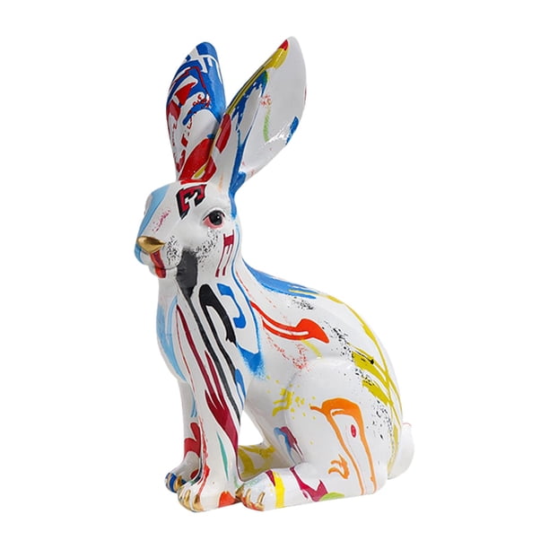 Estatua de conejo, figura de conejo colorida para decoración de entrada de oficina, regalo de Pascua grafiti sentado
