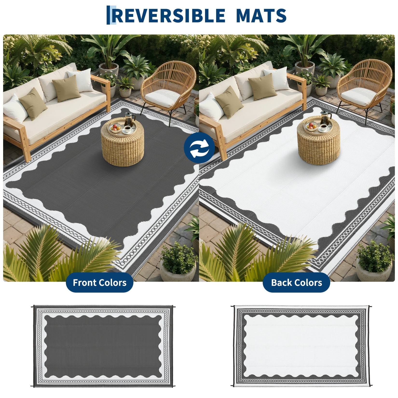 Garvee Outdoor Rug 8x10ft Modern Bordered Reversible Plastic Straw Rug, Waterproof RV Camping Rug Foldable Patio Rug for Deck Porch Balcony Backyard Picnic Beach, Gray/White