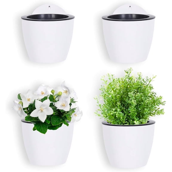 MyGift 7.5 Inch Wall Planters for Indoor Plants, White Plastic Hanging Self Watering Plant Pots, Flower Cactus Herbs Plant Container Wall Planter Set of 4